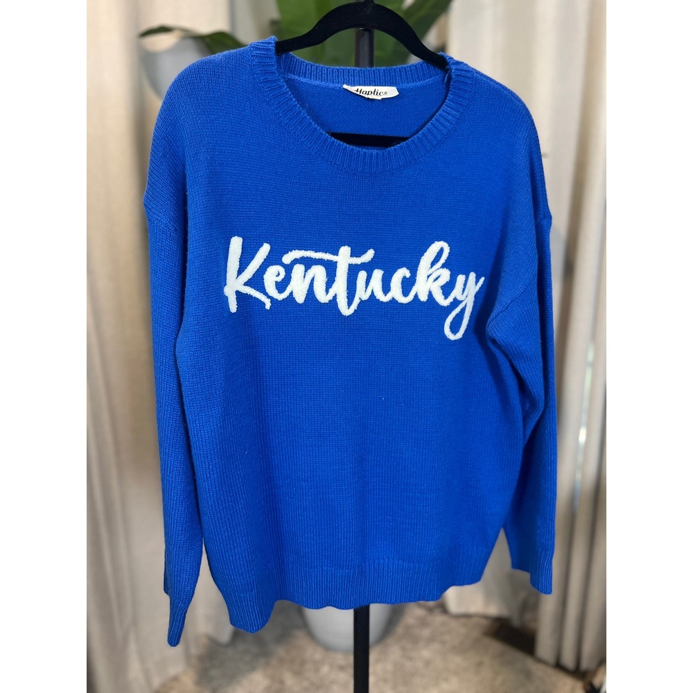 Haptics Kentucky Royal Blue Chenille Script Knit Pullover Sweater Women Medium